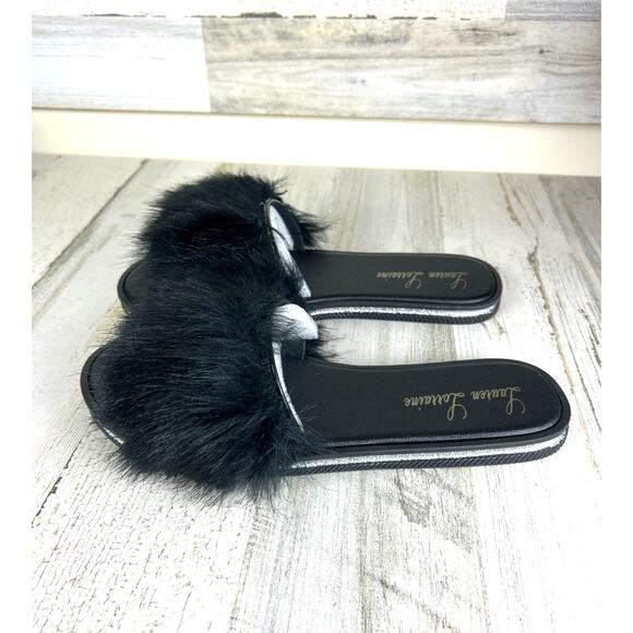 Lauren Lorraine Womens 10/11 Black Faux Fur Slip-On Slipper Slides Sadndal NEW - Picture 3 of 8